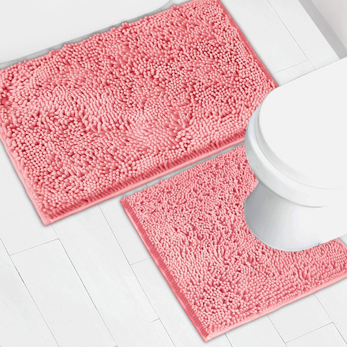 Bathroom Rugs Chenille Bath mat 2 Piece Set, Super Absorbent, Strong PVC Non Slip Backing, Bath mats for Bathroom, Plush Shaggy, Thick, Machine Washable, Bathtub, Shower, Toilet.(Pink)