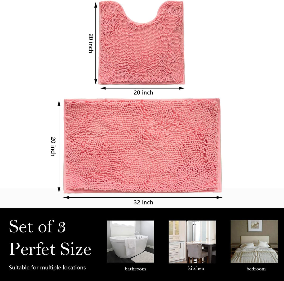 Bathroom Rugs Chenille Bath mat 2 Piece Set, Super Absorbent, Strong PVC Non Slip Backing, Bath mats for Bathroom, Plush Shaggy, Thick, Machine Washable, Bathtub, Shower, Toilet.(Pink)