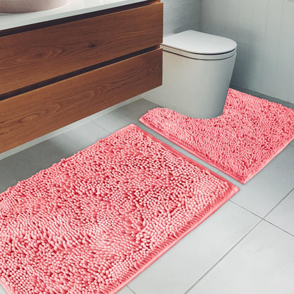 Bathroom Rugs Chenille Bath mat 2 Piece Set, Super Absorbent, Strong PVC Non Slip Backing, Bath mats for Bathroom, Plush Shaggy, Thick, Machine Washable, Bathtub, Shower, Toilet.(Pink)