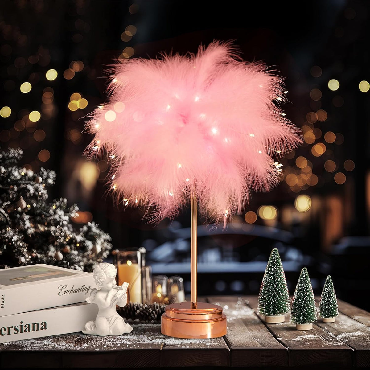 Pink Feather Lamp - LED Atmosphere Feather Night Lights Bedside Lamps for Mother, Girlfriend Home Girl Room Wedding Decoration