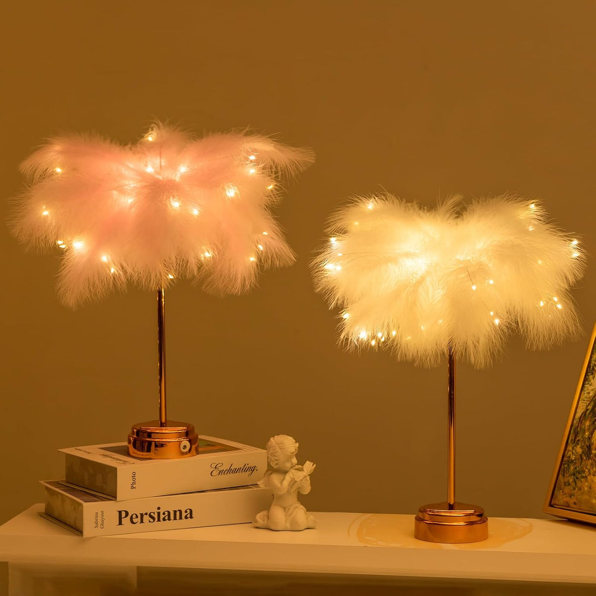 Pink Feather Lamp - LED Atmosphere Feather Night Lights Bedside Lamps for Mother, Girlfriend Home Girl Room Wedding Decoration