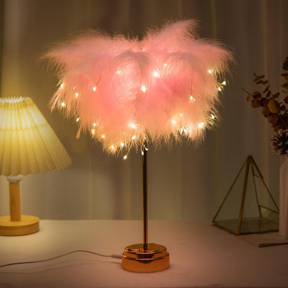 Pink Feather Lamp - LED Atmosphere Feather Night Lights Bedside Lamps for Mother, Girlfriend Home Girl Room Wedding Decoration