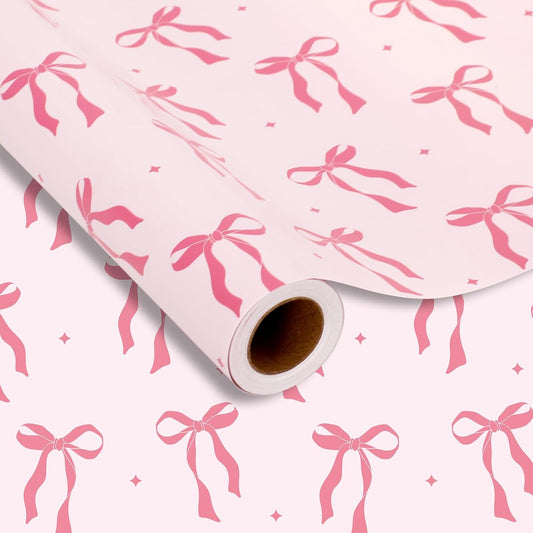 Pink Coquette Bow Wrapping Paper -Mini Roll- 17 In x 32.8 Ft Cute Bowknot Wrap Paper Bowtie Craft Papers for Valentine Wedding Girls Birthday Party Gift Packing Supplies