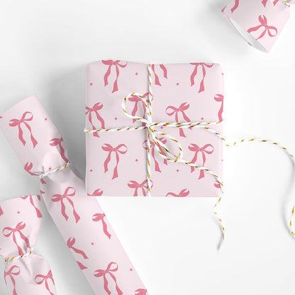 Pink Coquette Bow Wrapping Paper -Mini Roll- 17 In x 32.8 Ft Cute Bowknot Wrap Paper Bowtie Craft Papers for Valentine Wedding Girls Birthday Party Gift Packing Supplies
