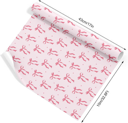 Pink Coquette Bow Wrapping Paper -Mini Roll- 17 In x 32.8 Ft Cute Bowknot Wrap Paper Bowtie Craft Papers for Valentine Wedding Girls Birthday Party Gift Packing Supplies
