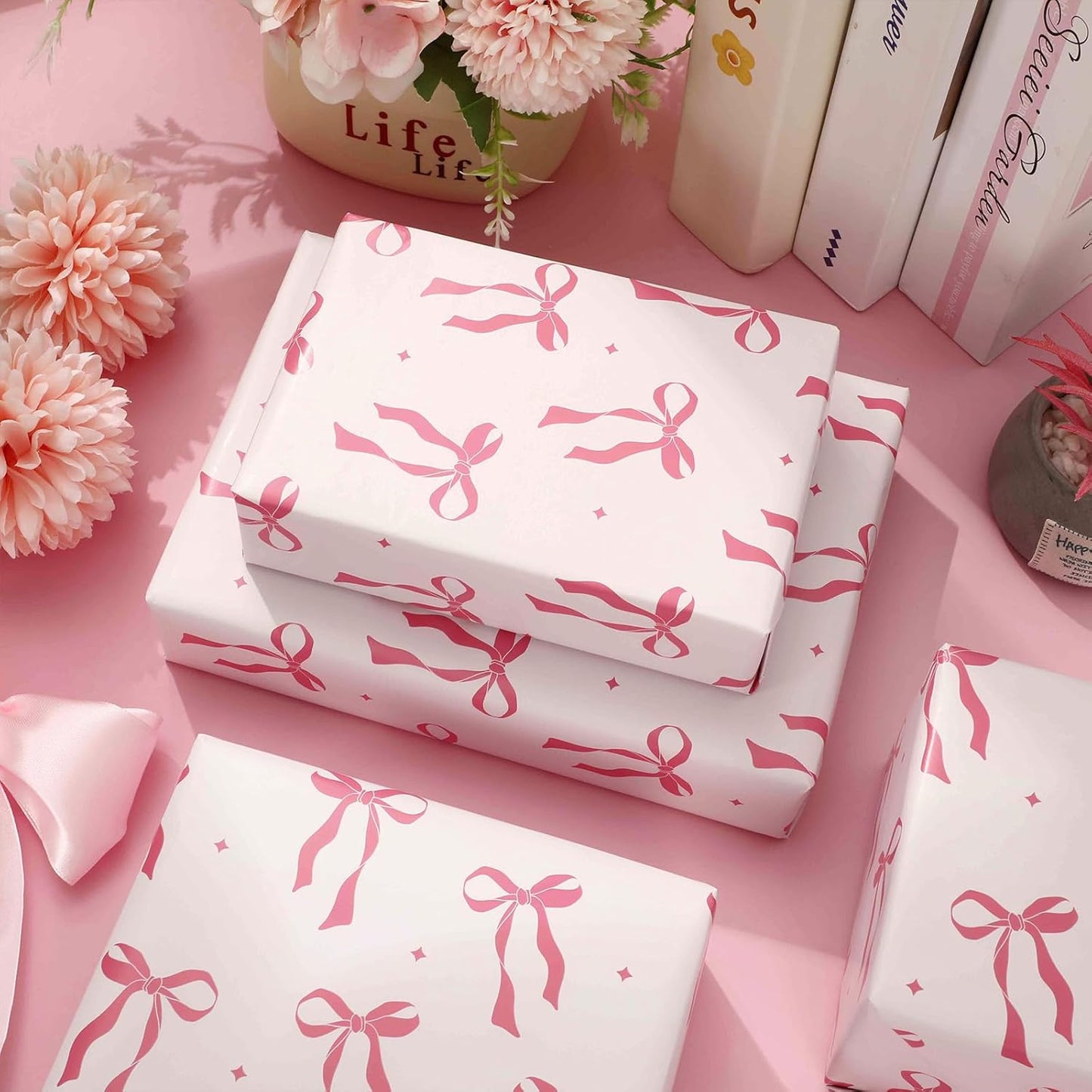 Pink Coquette Bow Wrapping Paper -Mini Roll- 17 In x 32.8 Ft Cute Bowknot Wrap Paper Bowtie Craft Papers for Valentine Wedding Girls Birthday Party Gift Packing Supplies