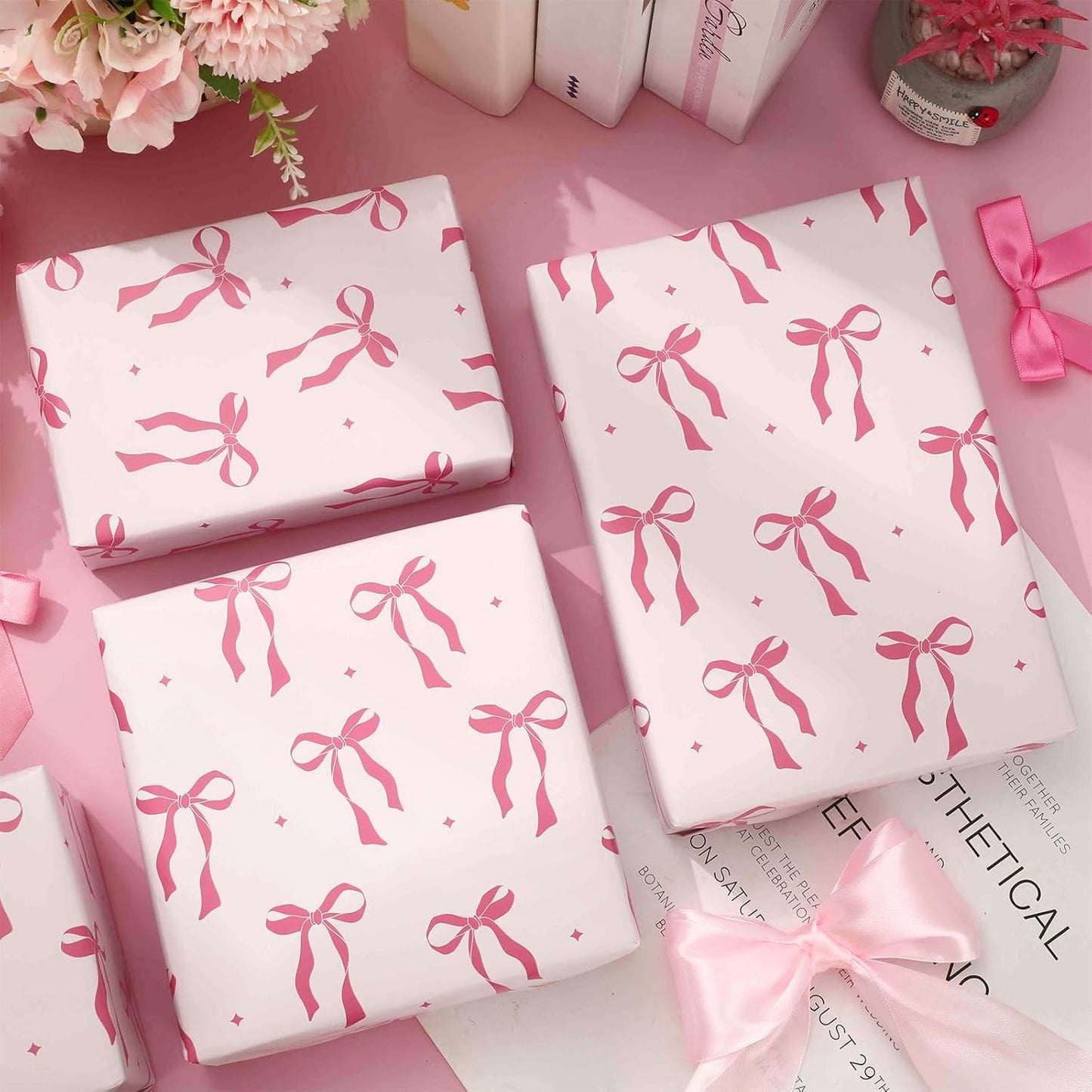 Pink Coquette Bow Wrapping Paper -Mini Roll- 17 In x 32.8 Ft Cute Bowknot Wrap Paper Bowtie Craft Papers for Valentine Wedding Girls Birthday Party Gift Packing Supplies