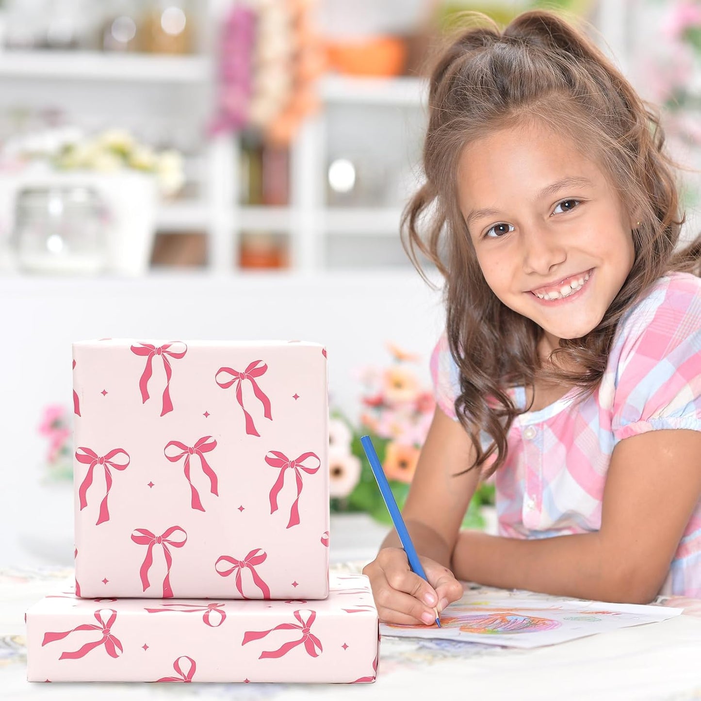 Pink Coquette Bow Wrapping Paper -Mini Roll- 17 In x 32.8 Ft Cute Bowknot Wrap Paper Bowtie Craft Papers for Valentine Wedding Girls Birthday Party Gift Packing Supplies