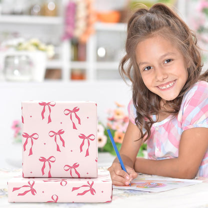 Pink Coquette Bow Wrapping Paper -Mini Roll- 17 In x 32.8 Ft Cute Bowknot Wrap Paper Bowtie Craft Papers for Valentine Wedding Girls Birthday Party Gift Packing Supplies