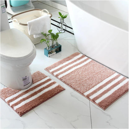 Striped Microfiber Bathroom Carpet,Waterproof,Non-Slip and Quick Drying,Machine Washable,TPR Backing, Medium Velvet(Pink)