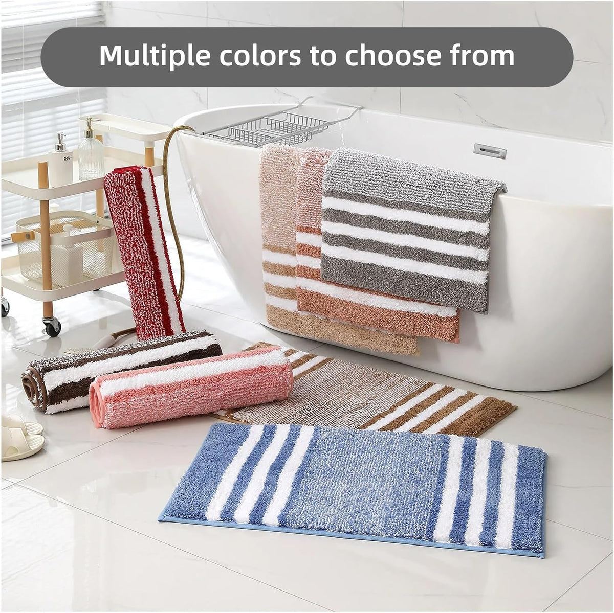 Striped Microfiber Bathroom Carpet,Waterproof,Non-Slip and Quick Drying,Machine Washable,TPR Backing, Medium Velvet(Pink)