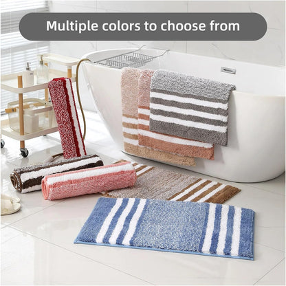 Striped Microfiber Bathroom Carpet,Waterproof,Non-Slip and Quick Drying,Machine Washable,TPR Backing, Medium Velvet(Pink)