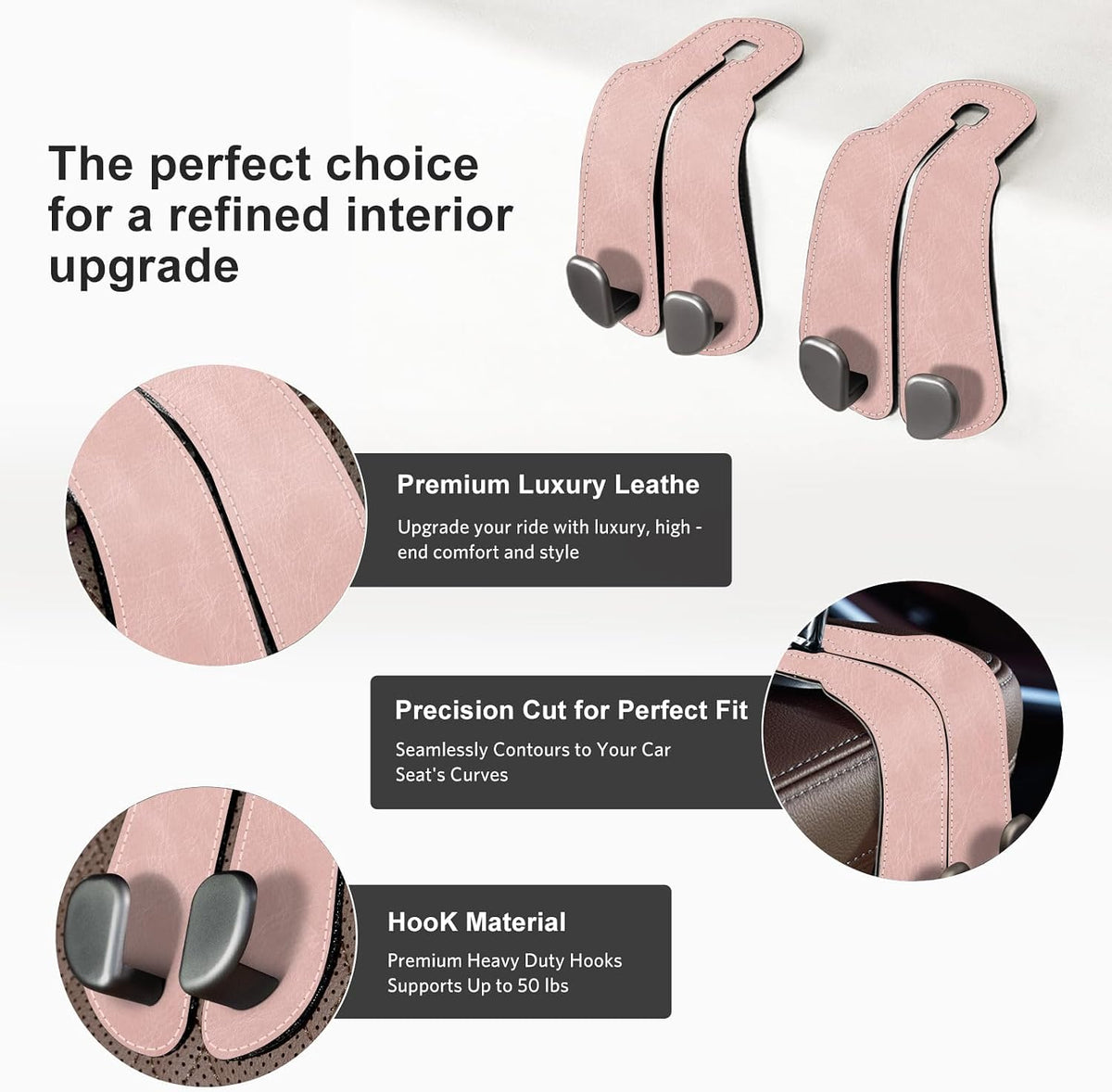 CoBak Purse Hook for Car - Universal Premium Stitched Leather and Aluminum-Magnesium Alloy Double Car Seat Back Storage Hook for Purses, Handbags, Bags (2 Pack),Blush Pink