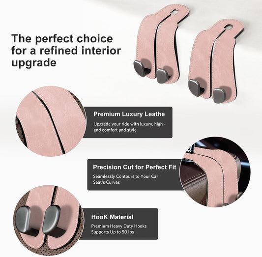 CoBak Purse Hook for Car - Universal Premium Stitched Leather and Aluminum-Magnesium Alloy Double Car Seat Back Storage Hook for Purses, Handbags, Bags (2 Pack),Blush Pink