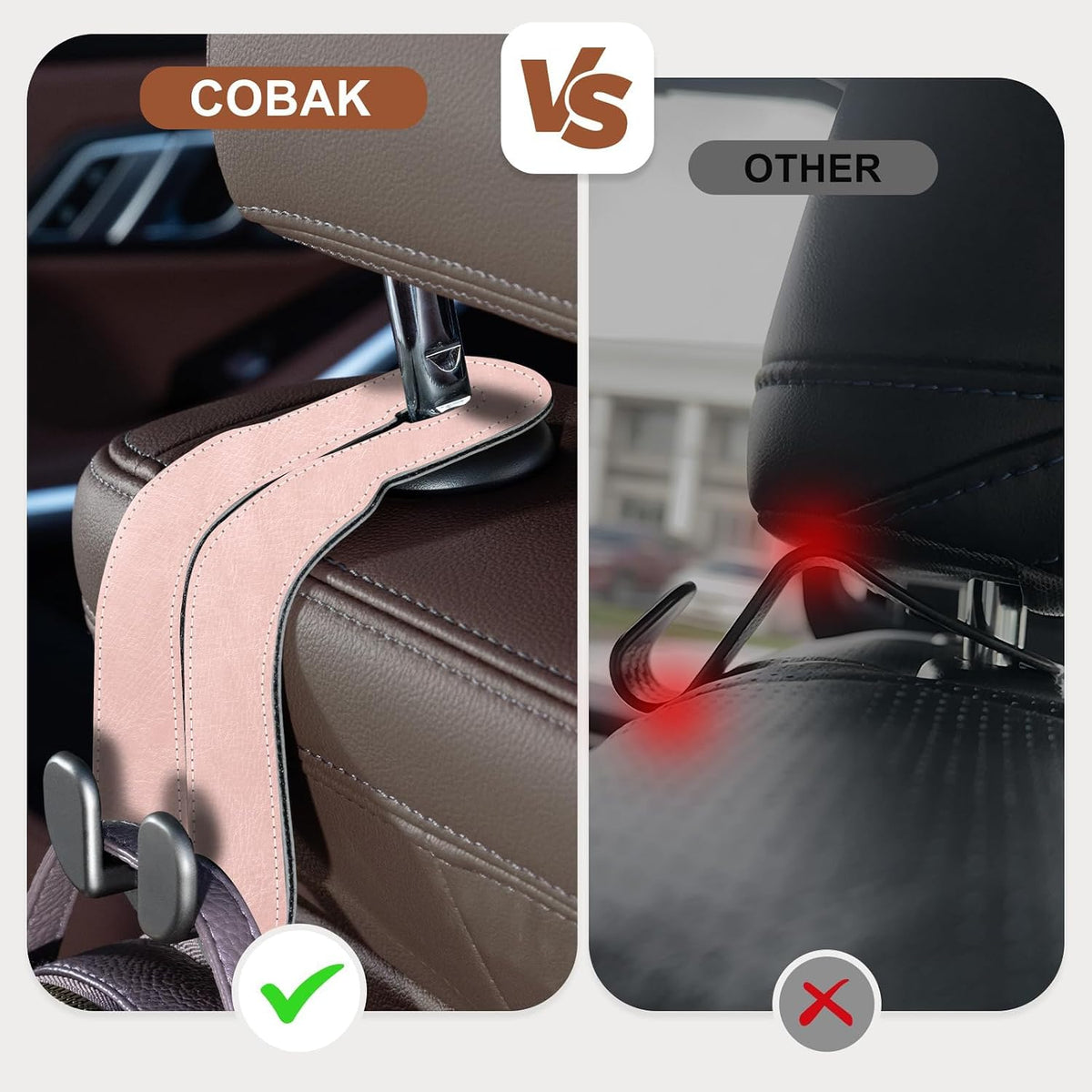 CoBak Purse Hook for Car - Universal Premium Stitched Leather and Aluminum-Magnesium Alloy Double Car Seat Back Storage Hook for Purses, Handbags, Bags (2 Pack),Blush Pink