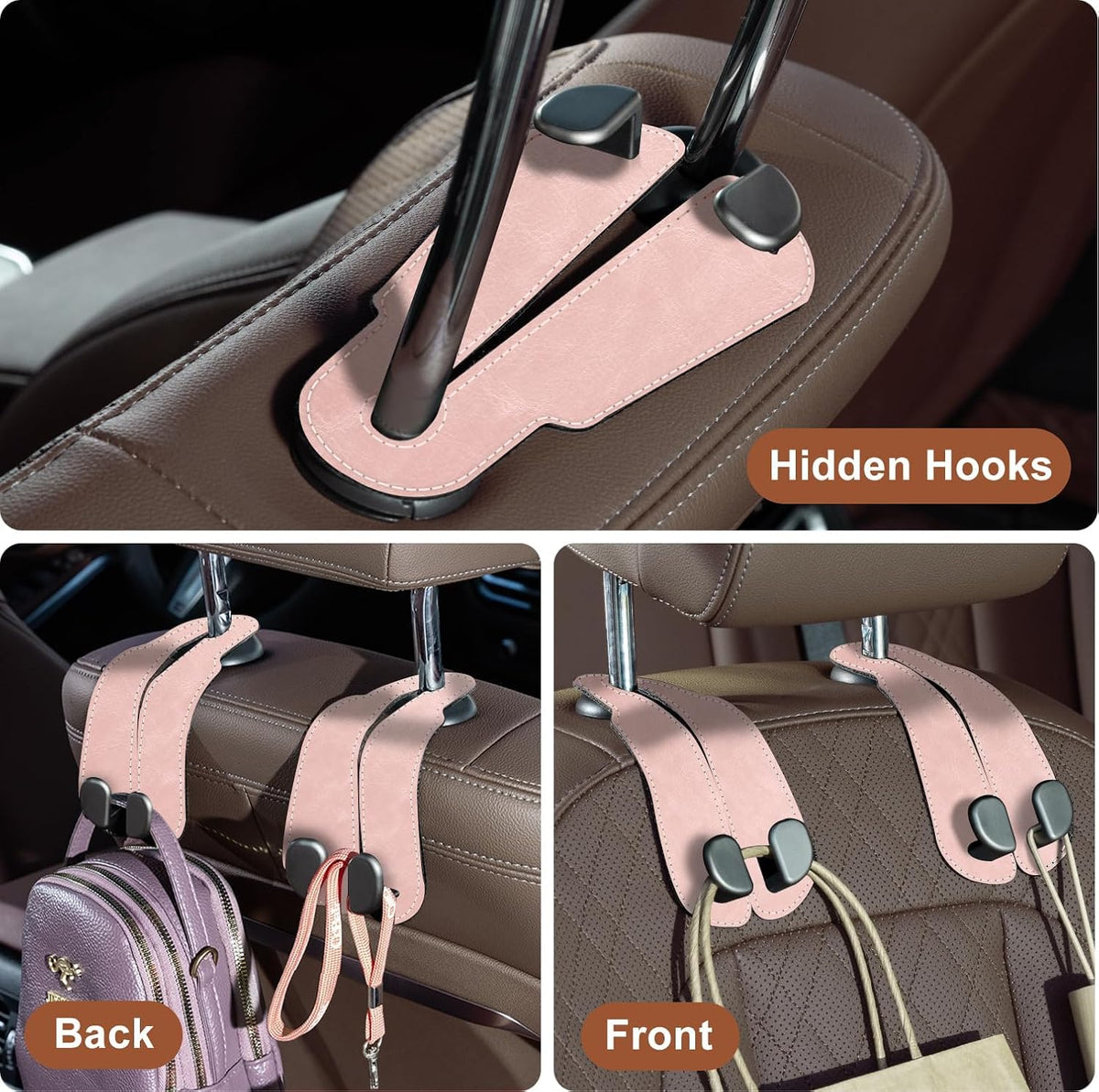 CoBak Purse Hook for Car - Universal Premium Stitched Leather and Aluminum-Magnesium Alloy Double Car Seat Back Storage Hook for Purses, Handbags, Bags (2 Pack),Blush Pink