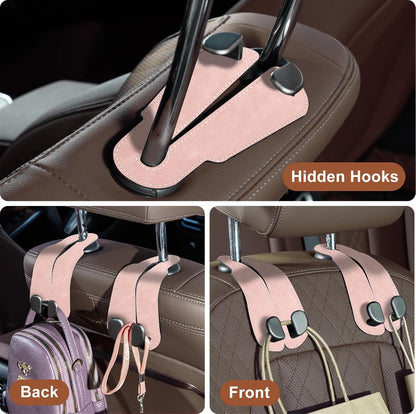 CoBak Purse Hook for Car - Universal Premium Stitched Leather and Aluminum-Magnesium Alloy Double Car Seat Back Storage Hook for Purses, Handbags, Bags (2 Pack),Blush Pink