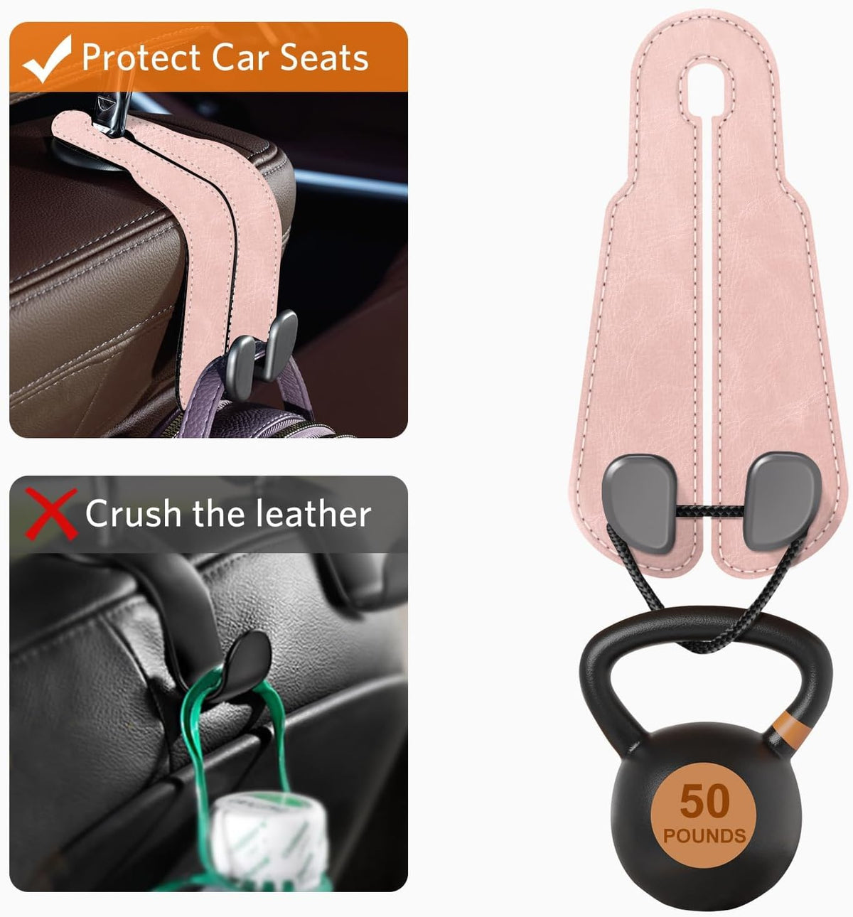 CoBak Purse Hook for Car - Universal Premium Stitched Leather and Aluminum-Magnesium Alloy Double Car Seat Back Storage Hook for Purses, Handbags, Bags (2 Pack),Blush Pink