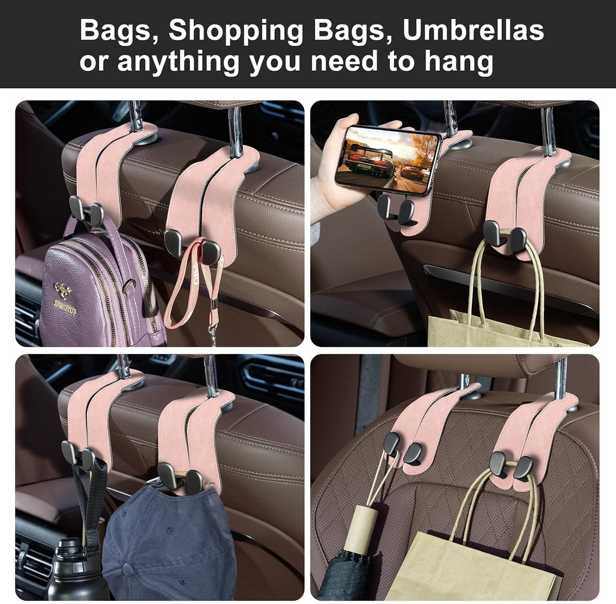 CoBak Purse Hook for Car - Universal Premium Stitched Leather and Aluminum-Magnesium Alloy Double Car Seat Back Storage Hook for Purses, Handbags, Bags (2 Pack),Blush Pink