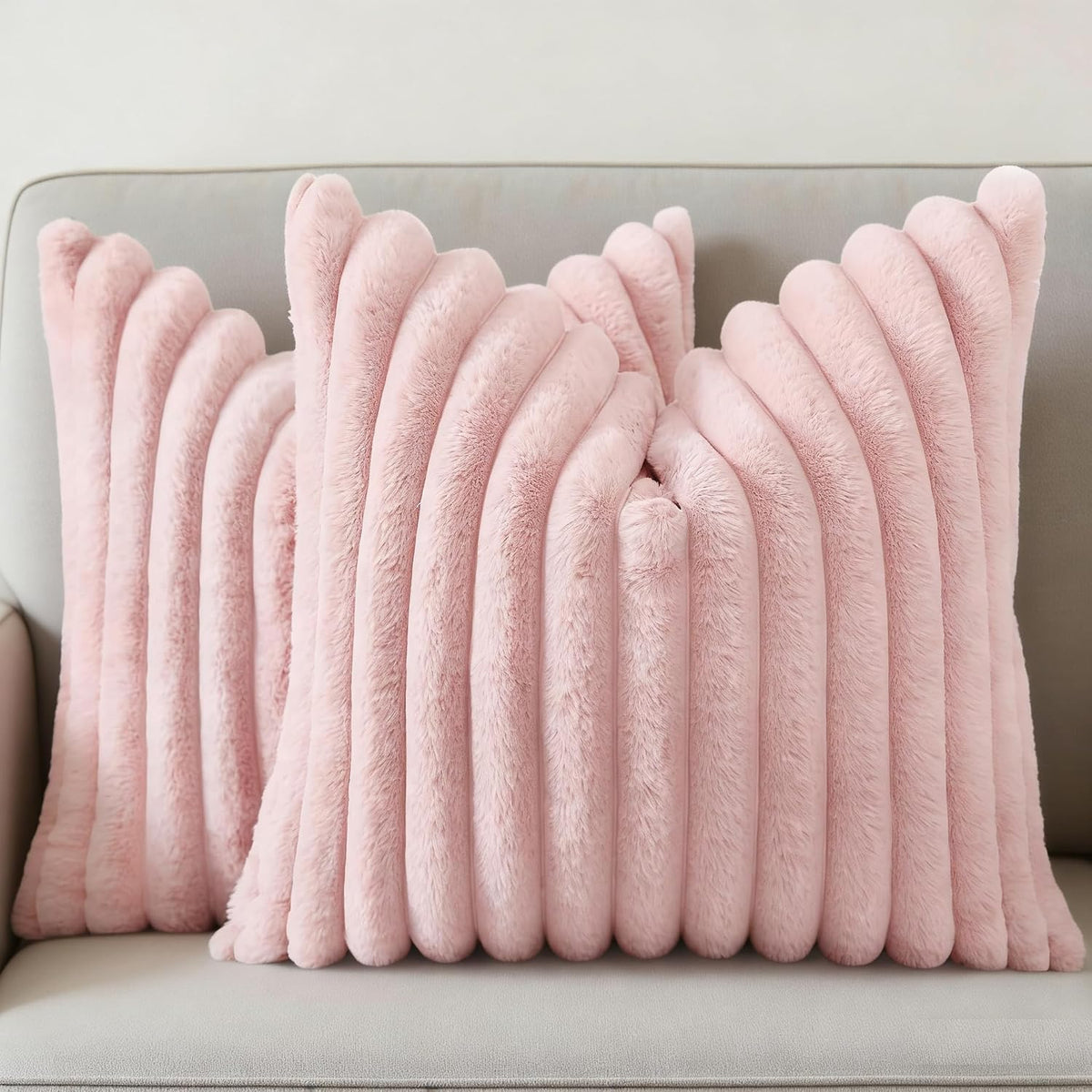 Faux Fur Pillow Covers 18x18 Set of 2, Ultra Soft Fluffy Striped Modern Farmhouse Style Throw Pillow Covers for Sofa Couch Bed, Pink