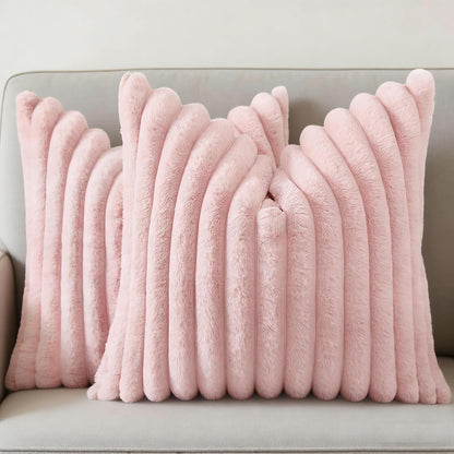 Faux Fur Pillow Covers 18x18 Set of 2, Ultra Soft Fluffy Striped Modern Farmhouse Style Throw Pillow Covers for Sofa Couch Bed, Pink