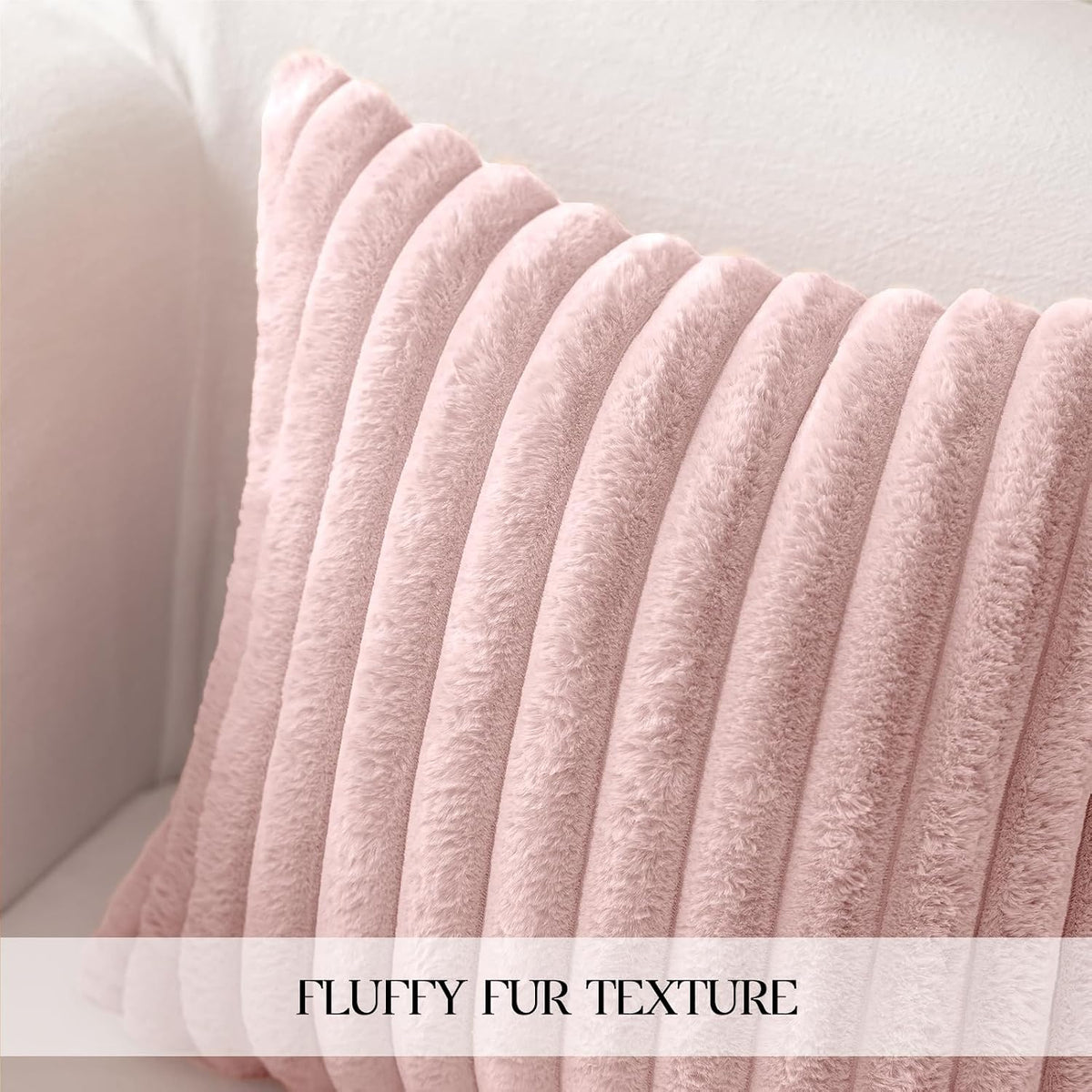 Faux Fur Pillow Covers 18x18 Set of 2, Ultra Soft Fluffy Striped Modern Farmhouse Style Throw Pillow Covers for Sofa Couch Bed, Pink