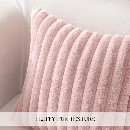 Faux Fur Pillow Covers 18x18 Set of 2, Ultra Soft Fluffy Striped Modern Farmhouse Style Throw Pillow Covers for Sofa Couch Bed, Pink