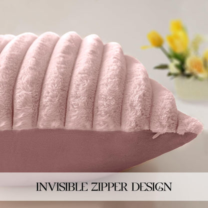 Faux Fur Pillow Covers 18x18 Set of 2, Ultra Soft Fluffy Striped Modern Farmhouse Style Throw Pillow Covers for Sofa Couch Bed, Pink