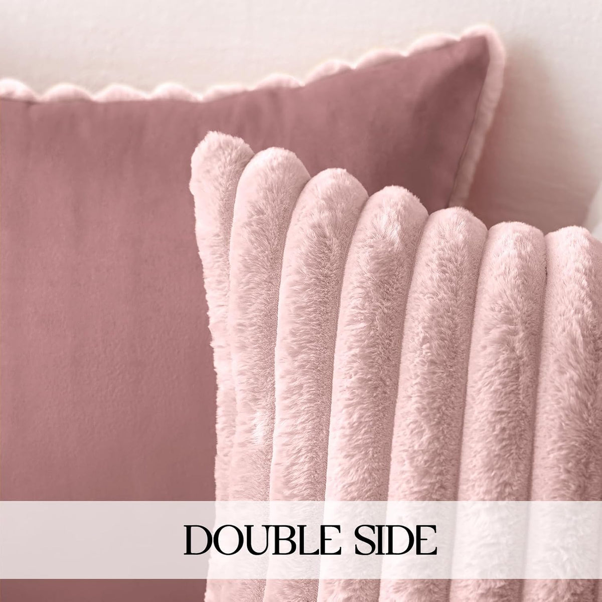 Faux Fur Pillow Covers 18x18 Set of 2, Ultra Soft Fluffy Striped Modern Farmhouse Style Throw Pillow Covers for Sofa Couch Bed, Pink