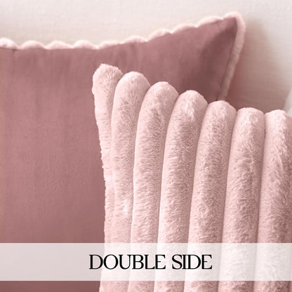Faux Fur Pillow Covers 18x18 Set of 2, Ultra Soft Fluffy Striped Modern Farmhouse Style Throw Pillow Covers for Sofa Couch Bed, Pink