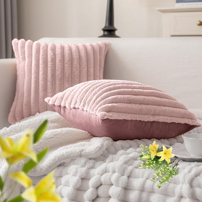 Faux Fur Pillow Covers 18x18 Set of 2, Ultra Soft Fluffy Striped Modern Farmhouse Style Throw Pillow Covers for Sofa Couch Bed, Pink