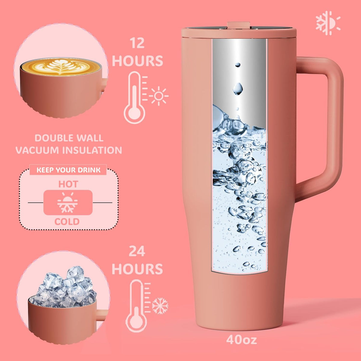 Tumbler 40oz Insulated Stainless Steel with Handle & Straw – Leak-Proof Dust-Free Lid, BPA-Free, Dishwasher Safe Travel Mug & Water Bottle – Keeps Drinks Cold 24H / Hot 12H (Peach Blush)