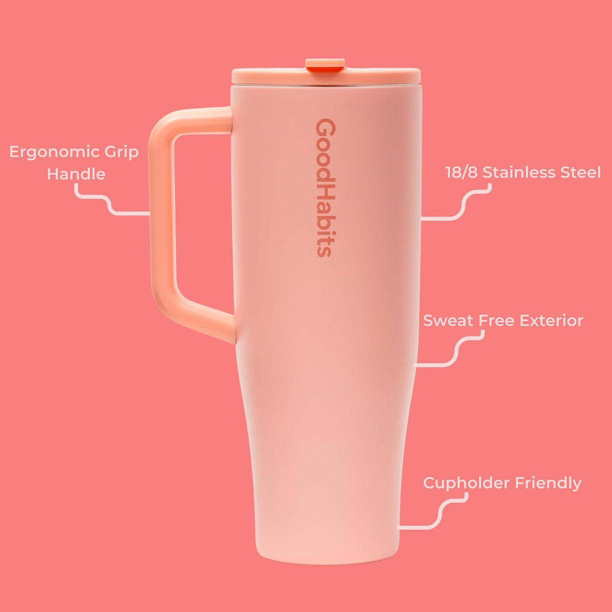 Tumbler 40oz Insulated Stainless Steel with Handle & Straw – Leak-Proof Dust-Free Lid, BPA-Free, Dishwasher Safe Travel Mug & Water Bottle – Keeps Drinks Cold 24H / Hot 12H (Peach Blush)
