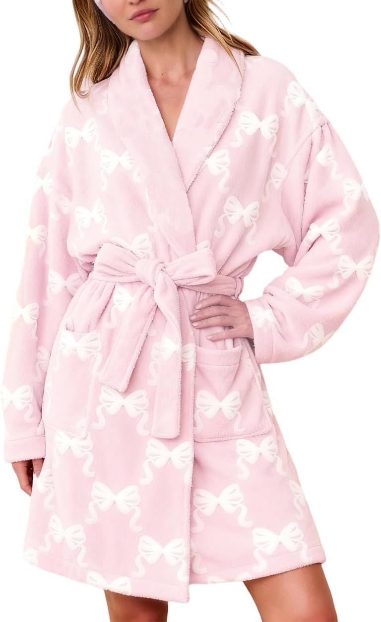 Women Holiday Graphic Plush Robe Heart Bow Tie Soft Fleece Bathrobe Shawl Collar Fuzzy Lounge Robes with Belt