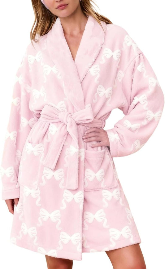 Women Holiday Graphic Plush Robe Heart Bow Tie Soft Fleece Bathrobe Shawl Collar Fuzzy Lounge Robes with Belt