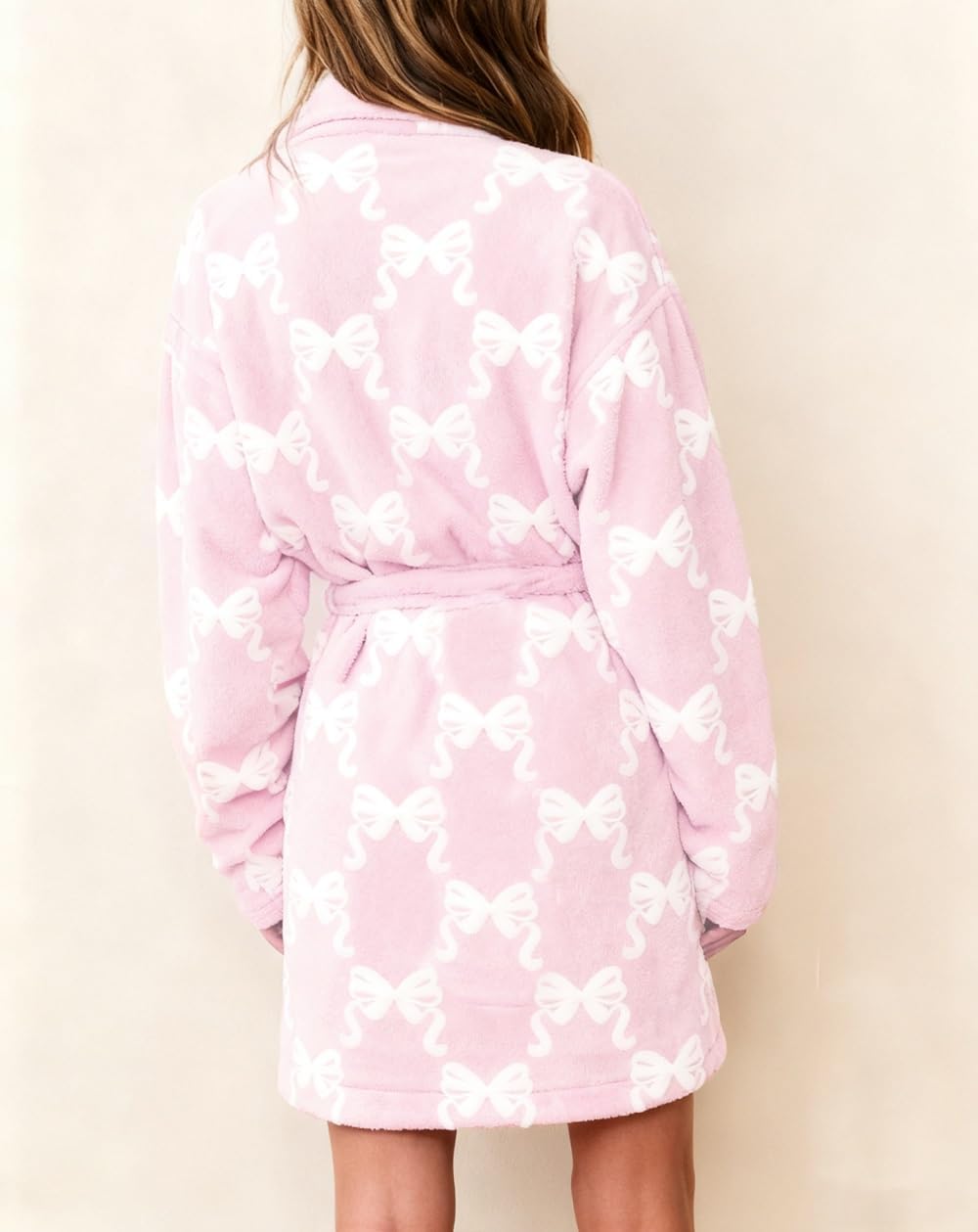 Women Holiday Graphic Plush Robe Heart Bow Tie Soft Fleece Bathrobe Shawl Collar Fuzzy Lounge Robes with Belt