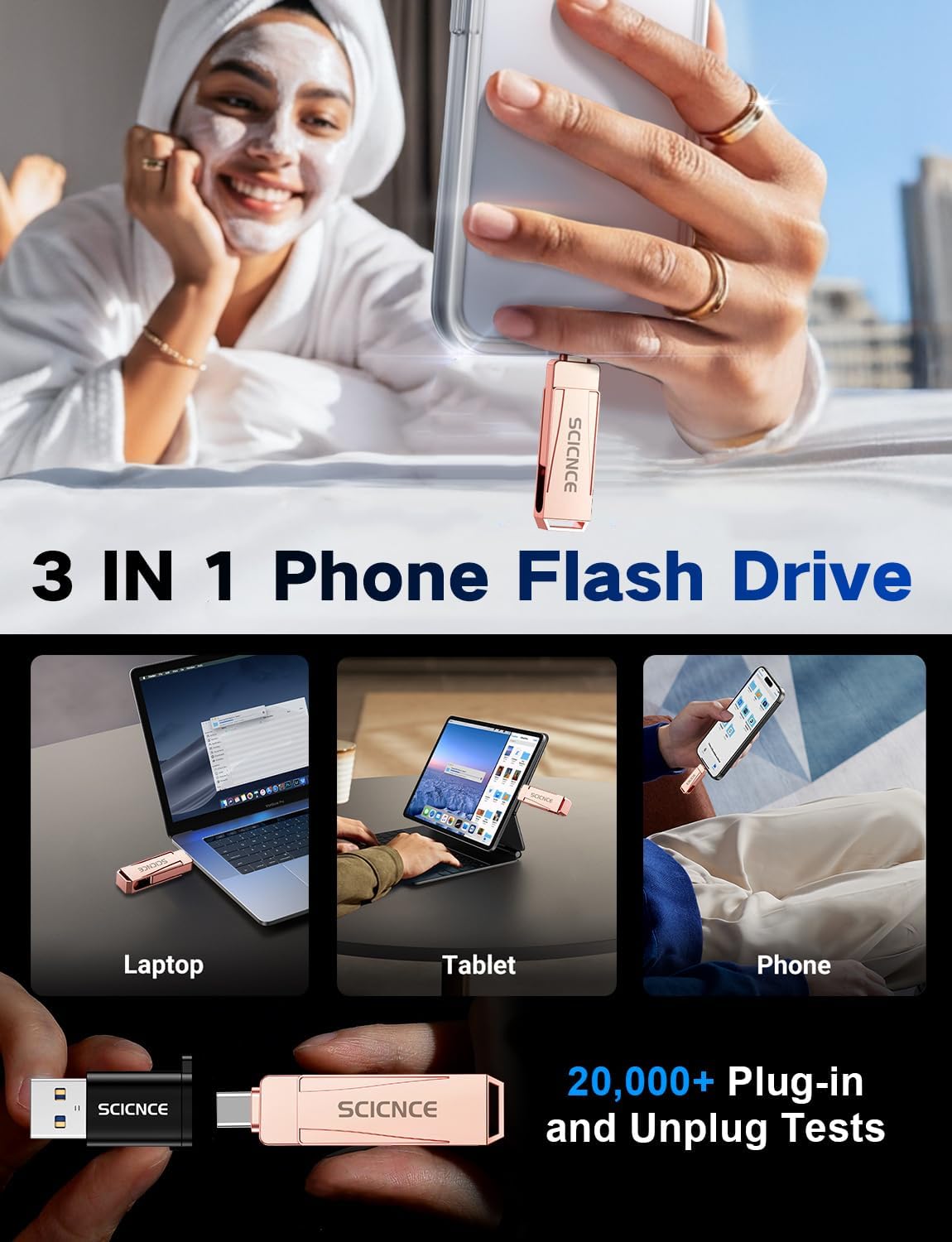 256GB Phone Flash Drive Photo Stick, USB Memory Stick for Photo Video Backup & Storage, No APP Required, Compatible with iPhone iPad Android PC, Rose Pink