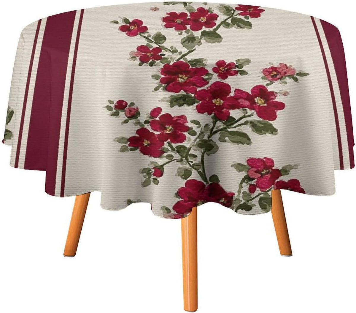 Tiny Pink Flowers Burgundy Victorian Stripes Round Tablecloth Washable Decorative Table Cover for Dining Table Party Restaurant 60 Inch