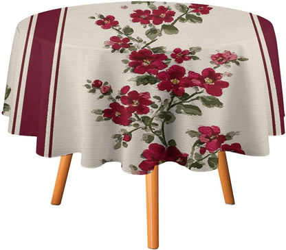 Tiny Pink Flowers Burgundy Victorian Stripes Round Tablecloth Washable Decorative Table Cover for Dining Table Party Restaurant 60 Inch