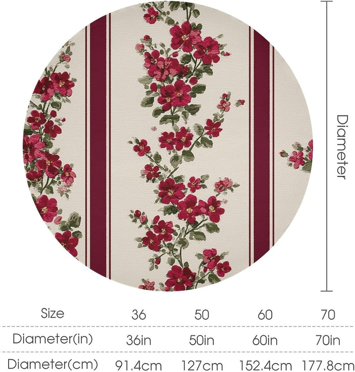 Tiny Pink Flowers Burgundy Victorian Stripes Round Tablecloth Washable Decorative Table Cover for Dining Table Party Restaurant 60 Inch