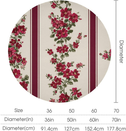 Tiny Pink Flowers Burgundy Victorian Stripes Round Tablecloth Washable Decorative Table Cover for Dining Table Party Restaurant 60 Inch