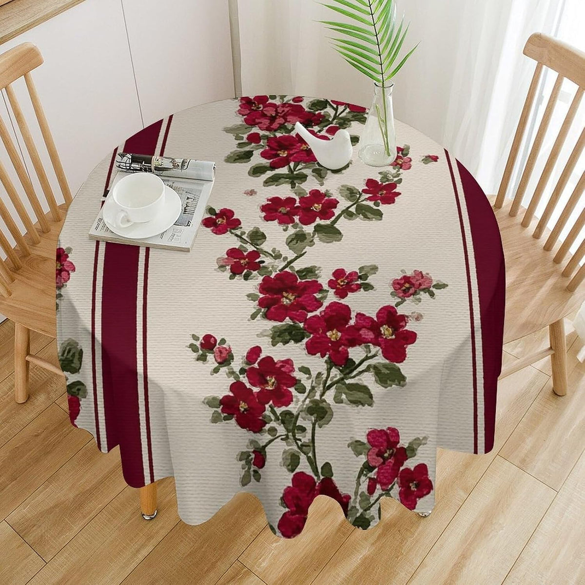 Tiny Pink Flowers Burgundy Victorian Stripes Round Tablecloth Washable Decorative Table Cover for Dining Table Party Restaurant 60 Inch
