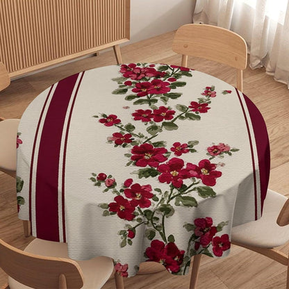 Tiny Pink Flowers Burgundy Victorian Stripes Round Tablecloth Washable Decorative Table Cover for Dining Table Party Restaurant 60 Inch