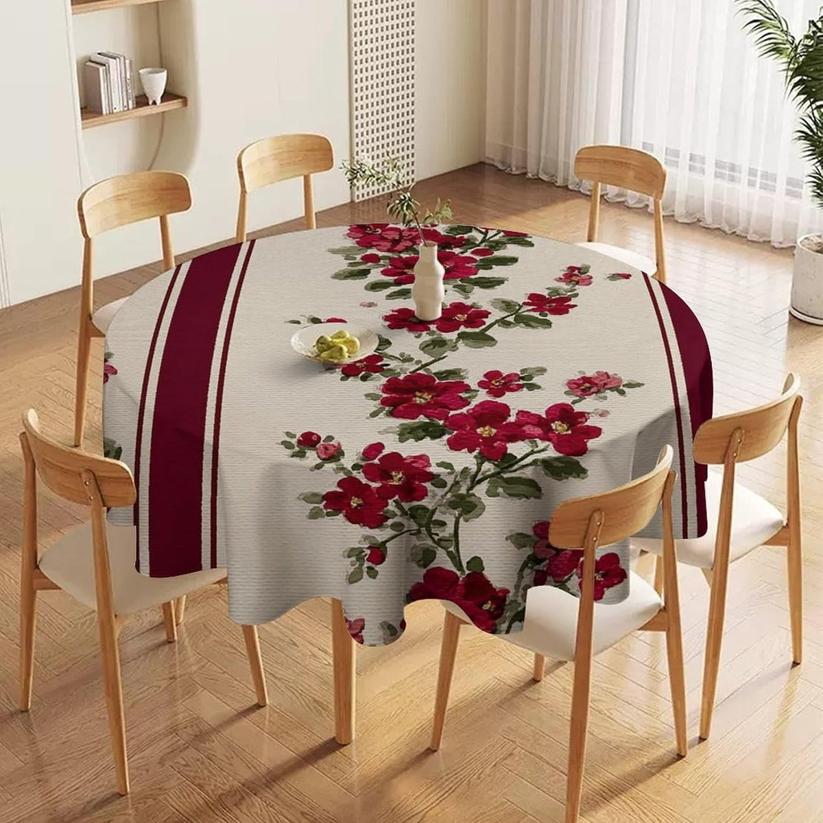 Tiny Pink Flowers Burgundy Victorian Stripes Round Tablecloth Washable Decorative Table Cover for Dining Table Party Restaurant 60 Inch