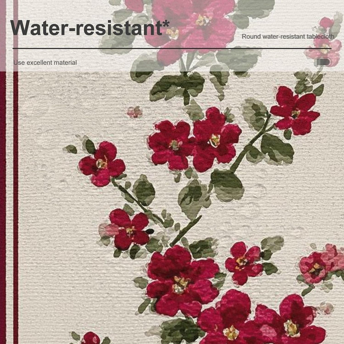 Tiny Pink Flowers Burgundy Victorian Stripes Round Tablecloth Washable Decorative Table Cover for Dining Table Party Restaurant 60 Inch