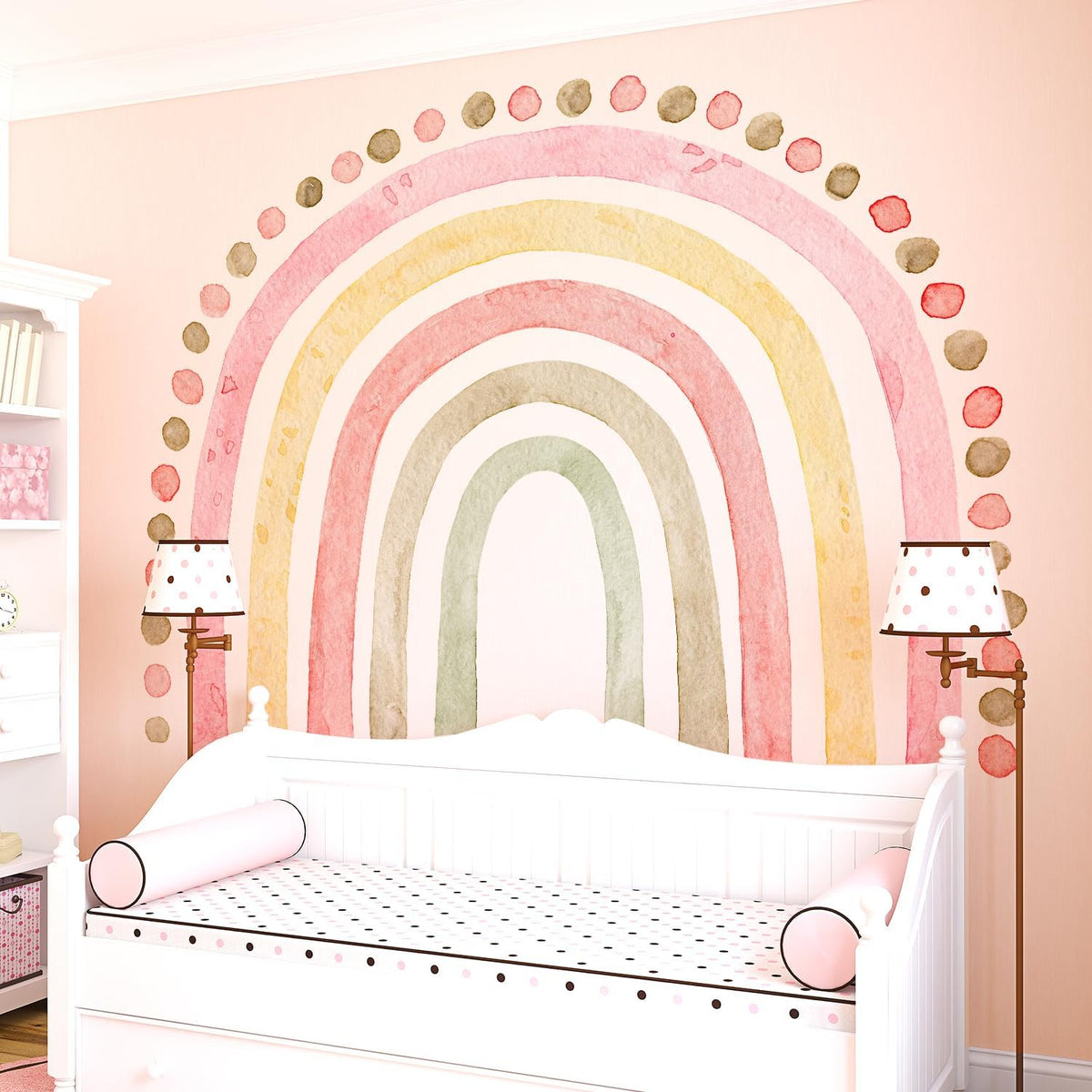 Large Pink Rainbow Wall Decals, Boho Dots Peel and Stick Fabric Nursery Wall Decor, Removable Home Room Wall Decor Murals Stickers for Kids Girls Toddler Bedroom Living Room Playroom
