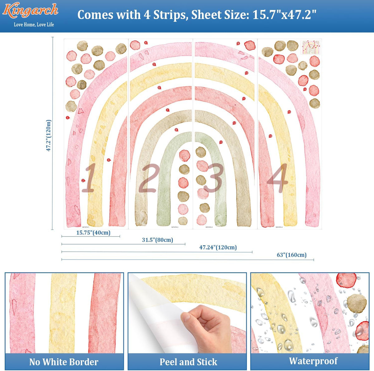 Large Pink Rainbow Wall Decals, Boho Dots Peel and Stick Fabric Nursery Wall Decor, Removable Home Room Wall Decor Murals Stickers for Kids Girls Toddler Bedroom Living Room Playroom