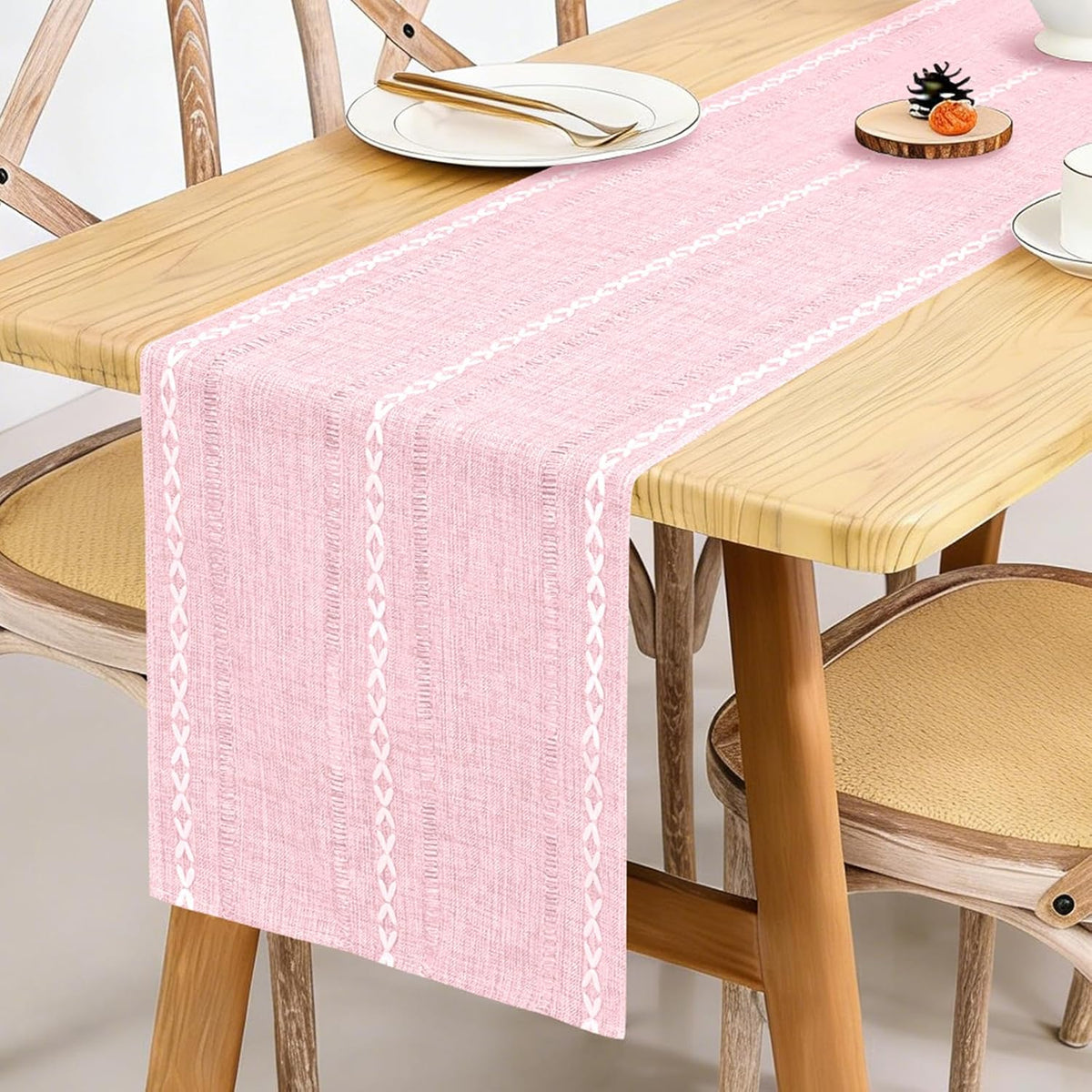 Cotton Linen Table Runner,Pink Boho Rustic Farmhouse Embroidered Hollow 13x72 Inch Table Runners Kitchen Dining Dresser Scarf Table Decoratio for Living Room,Wedding,Party