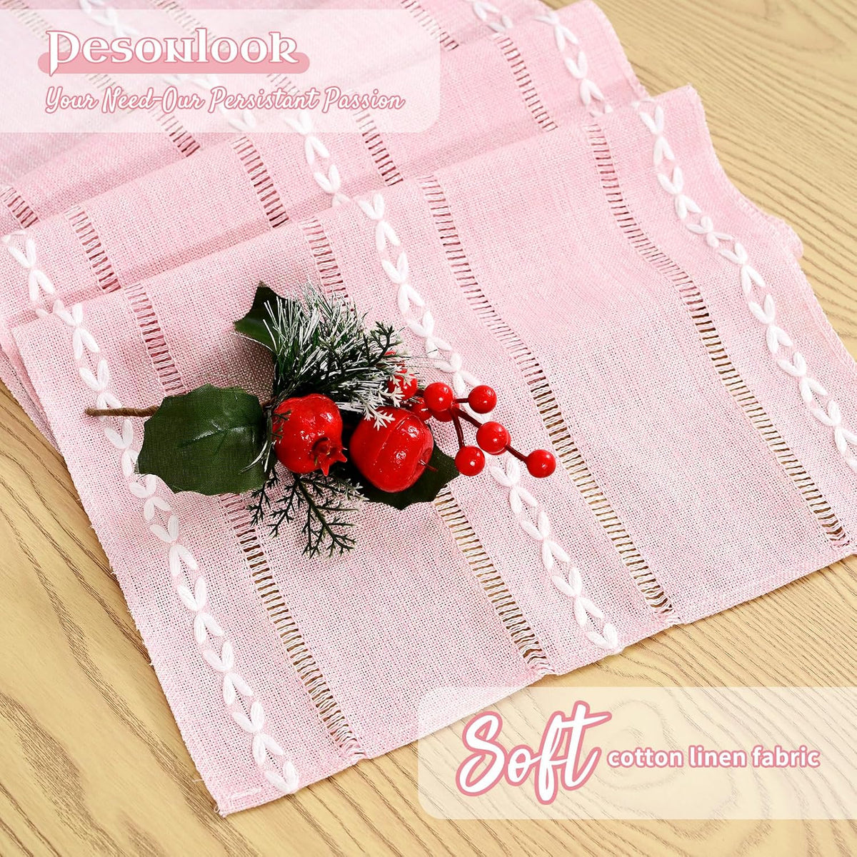 Cotton Linen Table Runner,Pink Boho Rustic Farmhouse Embroidered Hollow 13x72 Inch Table Runners Kitchen Dining Dresser Scarf Table Decoratio for Living Room,Wedding,Party