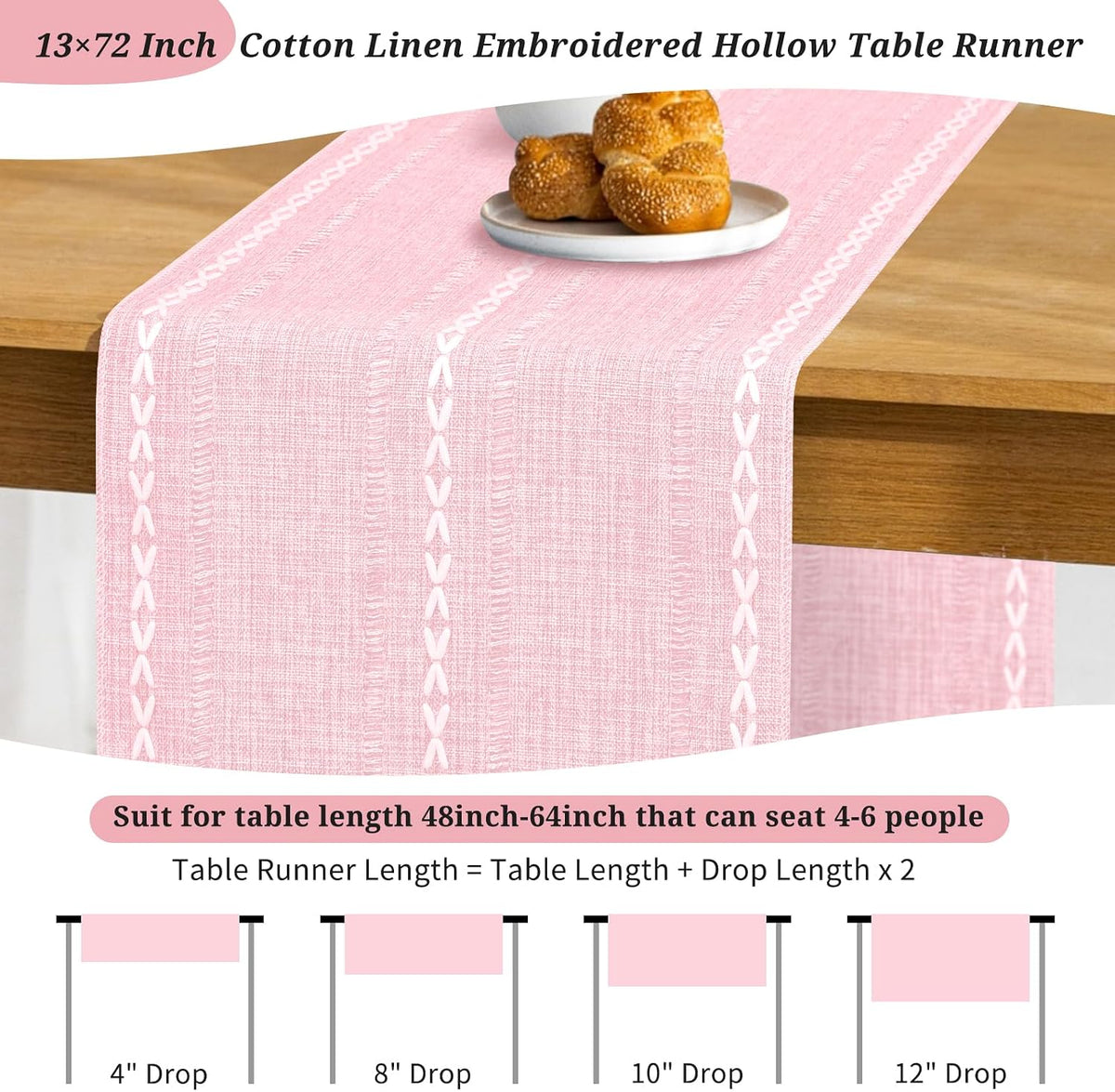 Cotton Linen Table Runner,Pink Boho Rustic Farmhouse Embroidered Hollow 13x72 Inch Table Runners Kitchen Dining Dresser Scarf Table Decoratio for Living Room,Wedding,Party